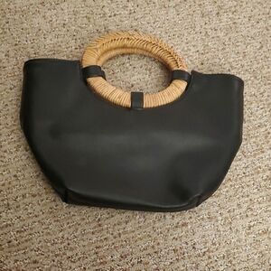 Anthropologie Black Clutch with Tan Woven Handle